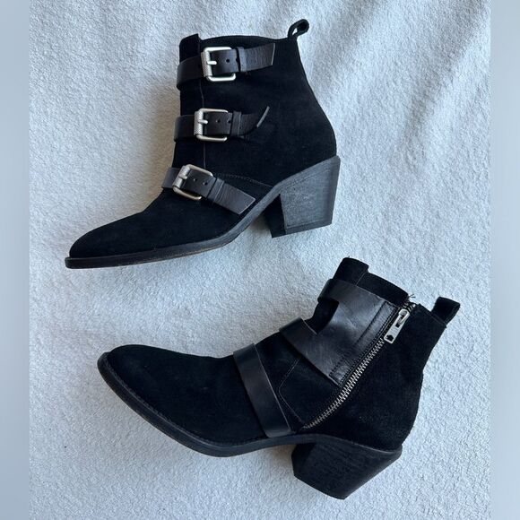 ALLSAINTS Lulu Triple Buckle Ankle Boot size 39 US 9 Black suede leather straps - Picture 3 of 13